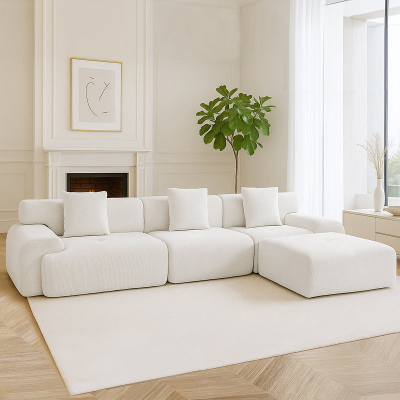 Corduroy Modern Compressed Block Sectional Couch, Beige Corduroy