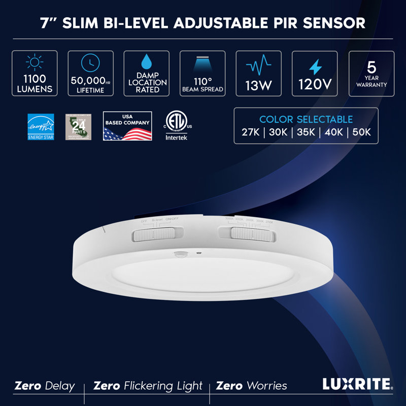  5-Inch LED Flush Mount Ceiling Light with Bi-Level Adjustable PIR Motion Sensor, 12W, 1000LM, 5CCT, Dimmable, CRI90, Title 24, ETL 2 Pack
