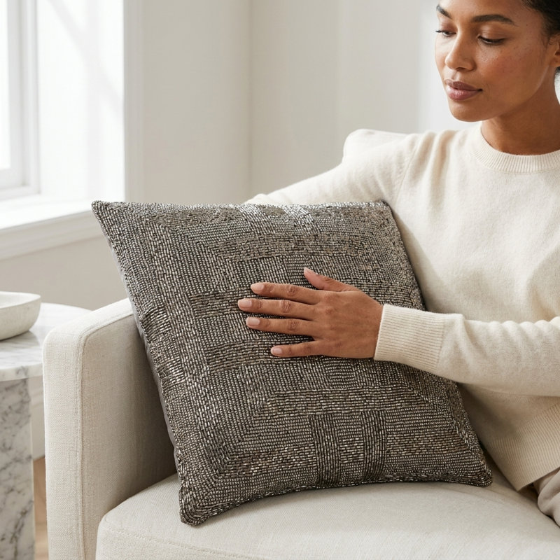 Venice Beaded Square Cotton Throw Pillow (Cover & Insert), Silver