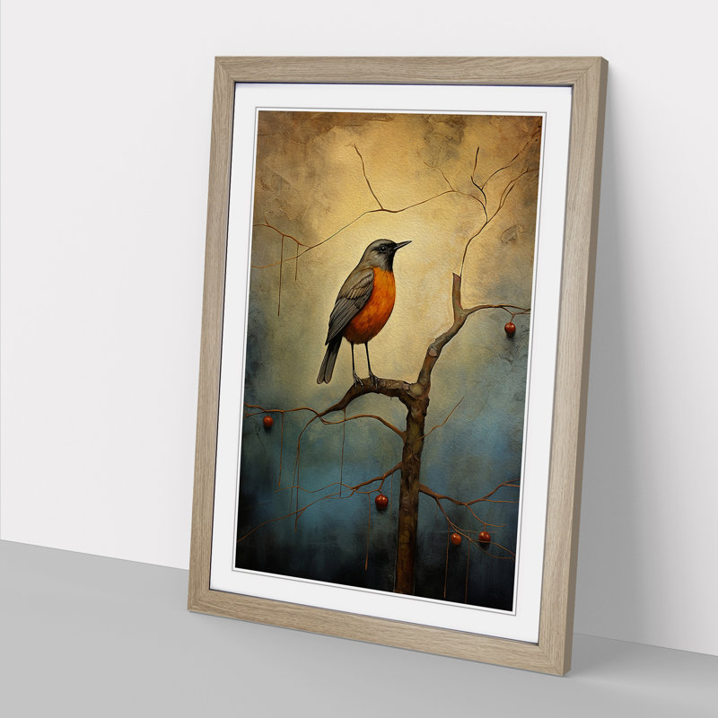 Robin Bird Modern - Framed Print, 34cm H x 25cm W x 2cm D, Oak