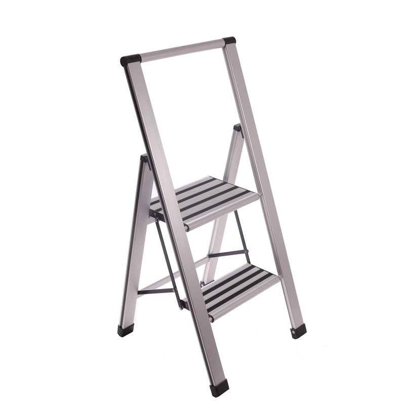 Échelle moderne en aluminium 2 marches Sorfey Premium. Léger, profil ultra mince, marches antidérapantes, robuste et portable pour la maison, le bureau, la cuisine, la photographie, finition en aluminium