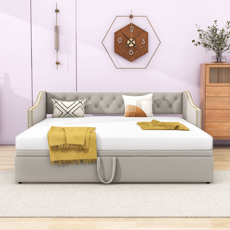 Twin Velvet Upholstered Daybed with Pop Up Trundle, Featuring Soft Backrest, Gray