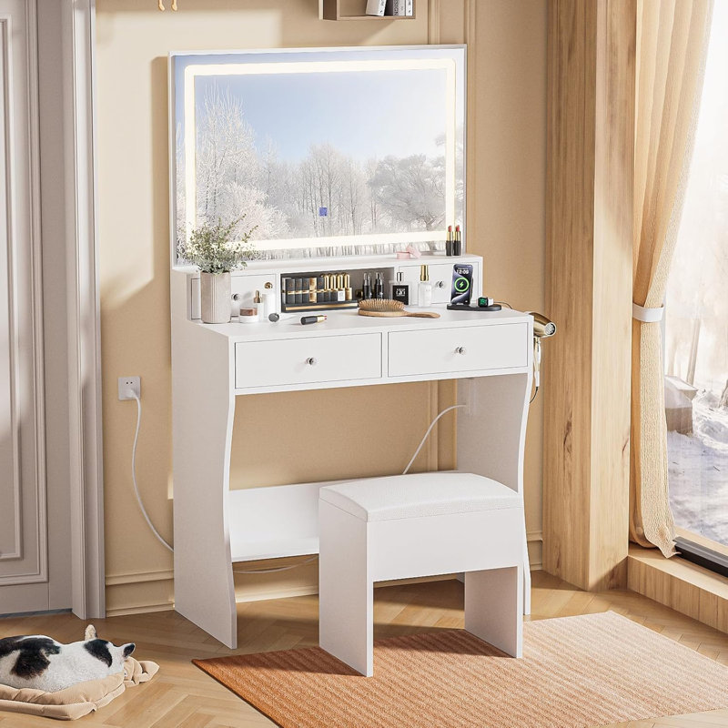 Vanity Desk with LED Mirror Makeup Vanity Set with Power Outlet, 4 Drawers, Storage Stool Vanities