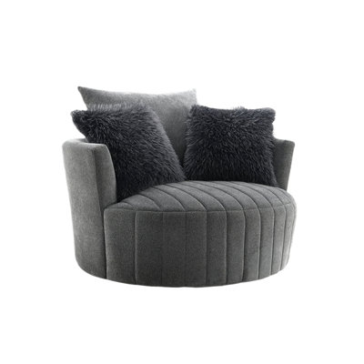 Hedy Swivel Accent Chair, Faux Fur Pillows, Dark Gray Channeled Fabric