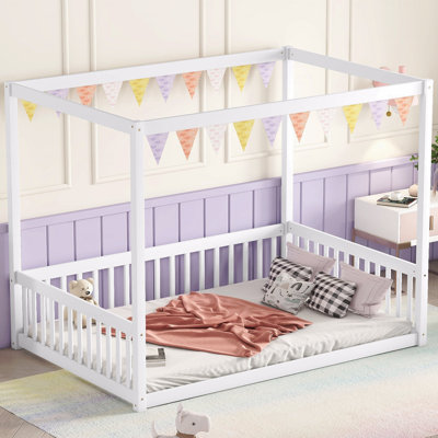 Full Size Canopy Frame Rubber Wooden Frame Material Floor Bed Frame With Fence,Guardrails