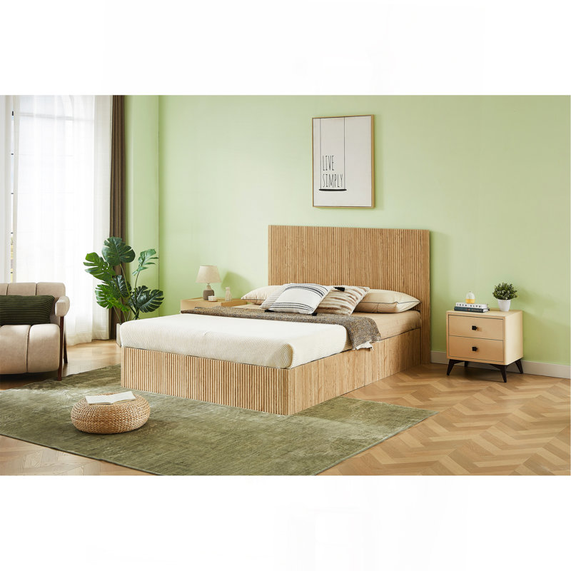 Cadre de lit grand format avec rangement relevable, lignes courbes en bois ondulé, rangement hydraulique / pas de sommier, chêne.