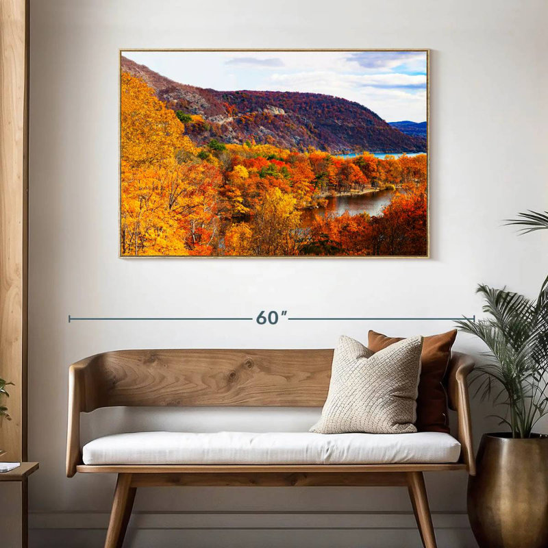 Paysage d'automne avec ours, Cadre flottant en bois naturel, 46 po x 31 po