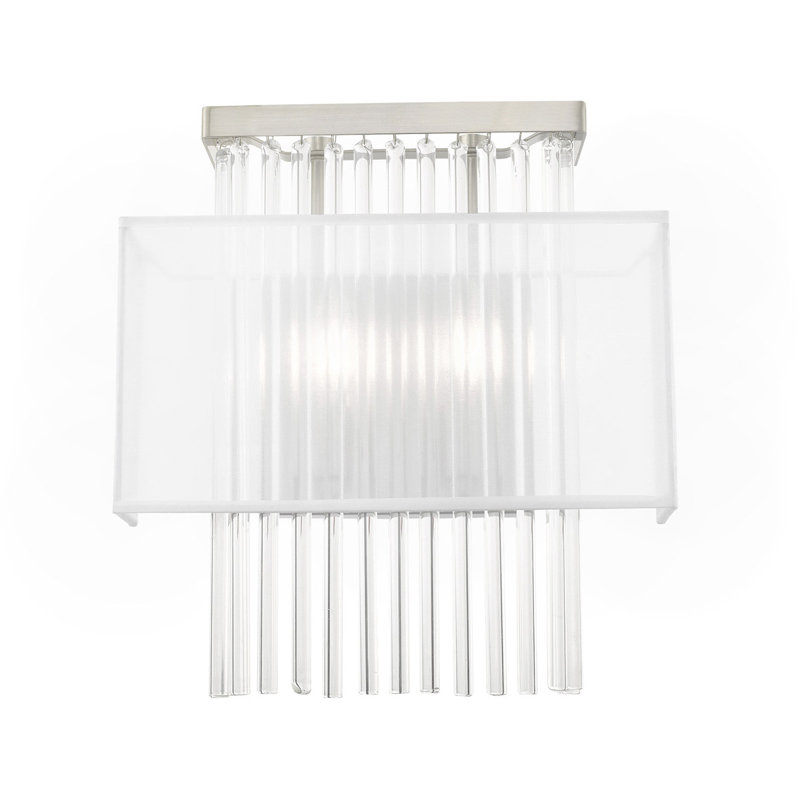 Brushed Nickel ADA Wall Sconce: Clear Crystal Rods, Translucent Fabric Shade.
