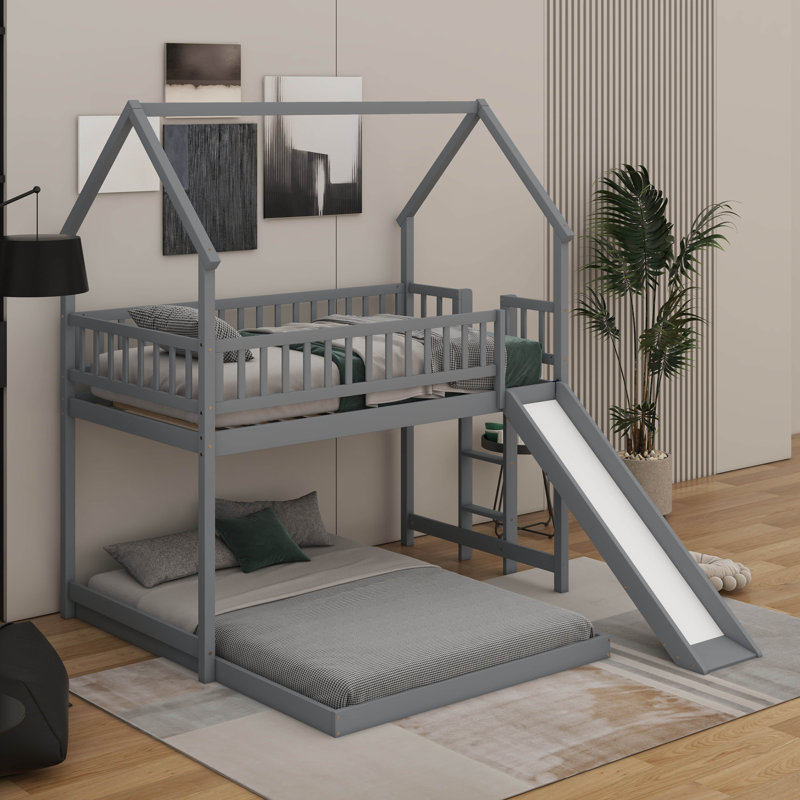 Twin Over Full Wooden Space-Saving Bunk Bed With Slide, And Full-Length Guardrail, Gray