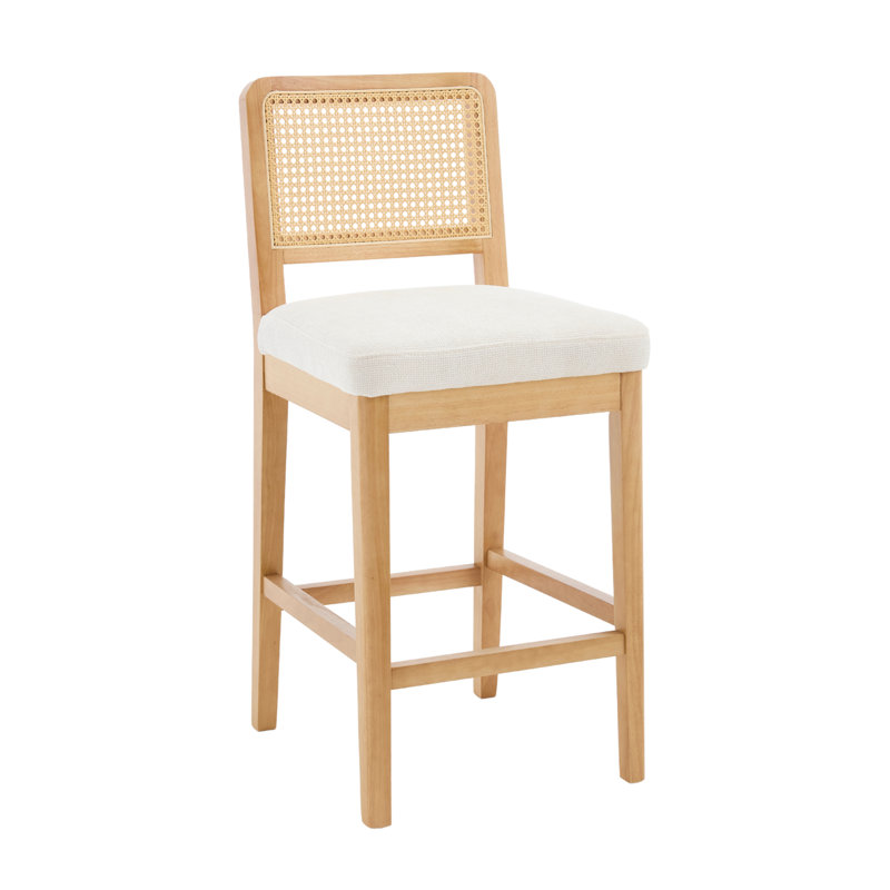 Upholstered Bar Stool with Solid Wood Frame, Natural, White Chenille