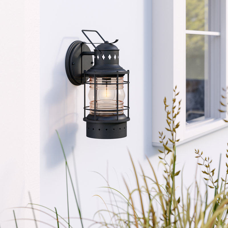 Crownsville 12.25 in. H 1-Light Textured Black Coastal Outdoor Wall Sconce made of Durable Steel, Clear Ribbed Glass Shade, LED Compatible, Use for Exterior Porch Patio Front Door or Garage