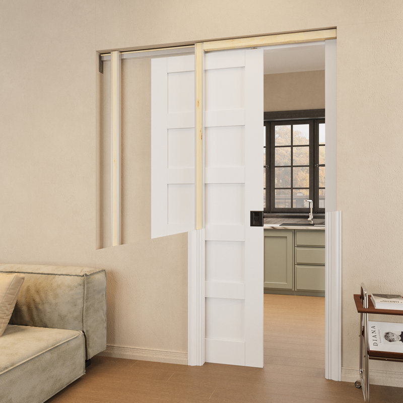Interior 5-Panel Sliding Closet Door Solid Core Sliding Pocket Pantry Door With Privacy Pocket Lock / Soft Close, White/Black