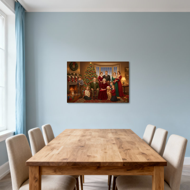 Noël en famille avec arbre et foyer, H 12 po x l 18 po