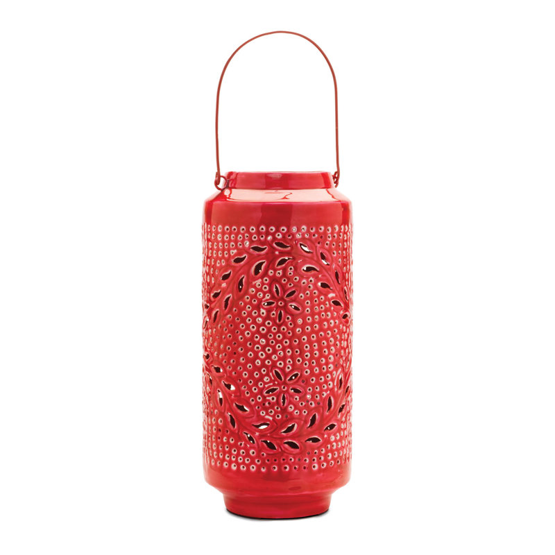 Lanterne à bougie en métal perforée H 15,5 po, Rouge