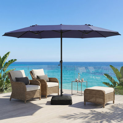Grand parasol de terrasse double face 15 pi avec base, manivelle en aluminium et parasols d'extérieur robustes en acier au carbone, parasol rectangulaire résistant à la décoloration pour jardin, patio, restaurant, commerce, terrasse, cour, bleu marine