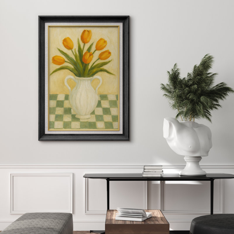 Tulipes jaunes dans un vase blanc sur une table à carreaux, reproduction d'art sur toile encadrée
