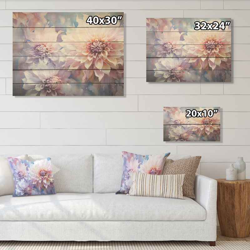 Rêves de dahlia moderne mauve - art mural en bois de dahlia sur bois de pin naturel, H 30 po x l 40 po