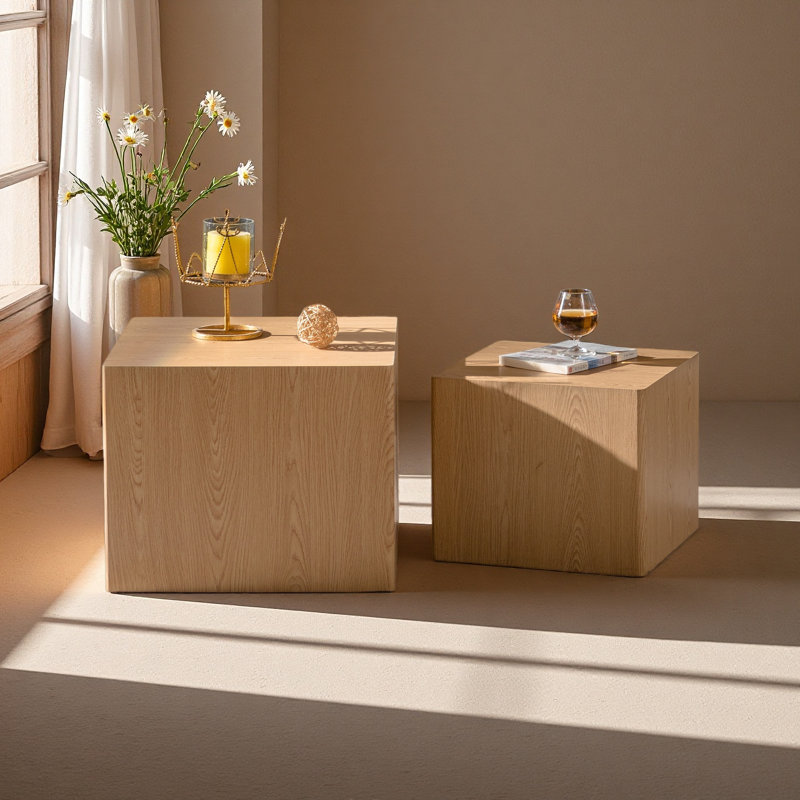 MDF Modern Nesting Imitation Wood Grain Coffee Table,Cube Side Table,Set For Small Space Living Room Bedroom-Set Of 2