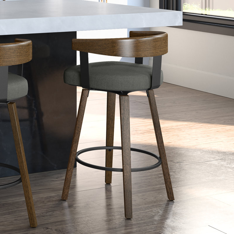 Calvion Swivel Counter & Bar Stool with Wooden Backrest, Charcoal Gray, Brown, Bar Stool (30.25" Seat Height)
