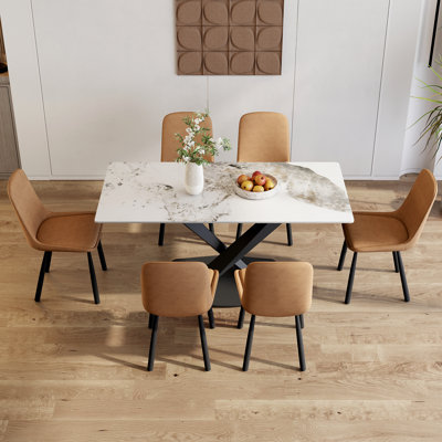 Ensemble de table de salle à manger rectangulaire en marbre 7 pièces avec 6 chaises en similicuir Juvan