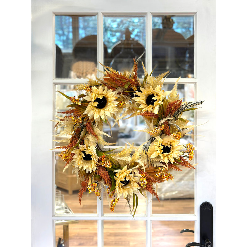 22" Fall Sunflower and Heather Wreath, Orange/Cream