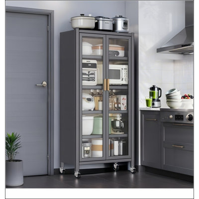 65" Kitchen Pantry Storage Cabinet, 6 Tier Metal Display Storage Cabinet with Transparent Door, Adjustable Shelves & Wheels, Food Pantries Cabinets, f by Wrought Studio