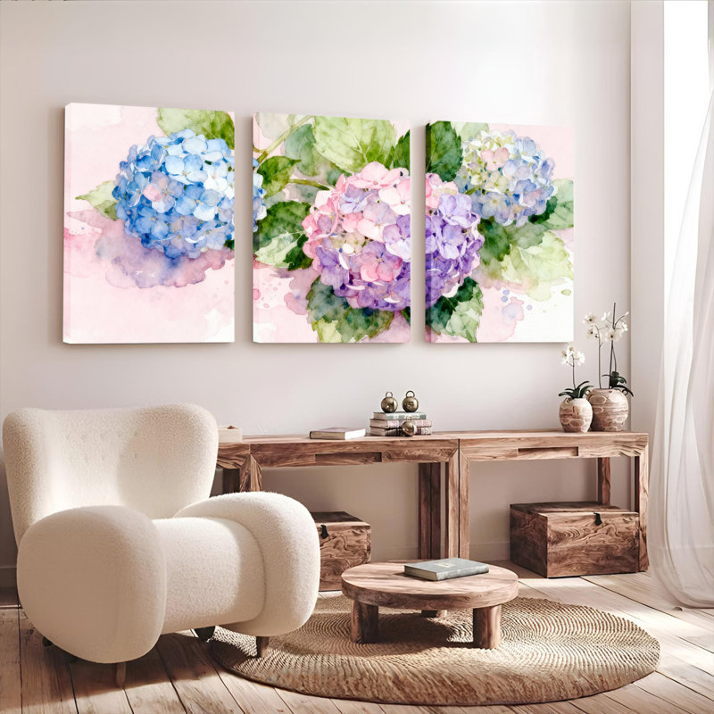 Peinture murale sur toile tendue, motif floral d'hortensias à l'aquarelle (paquet de 3), H 24 po x l 48 po