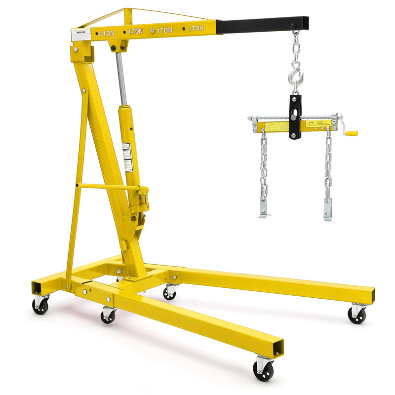 Palan à moteur hydraulique pliable de 2 tonnes avec niveleur de charge Capacité de 4400 LBS Cueilleur de cerisier robuste 6 roues pivotantes et pompe hydraulique réglable (0,5 t à 2 t) pour garage atelier entrepôt jaune