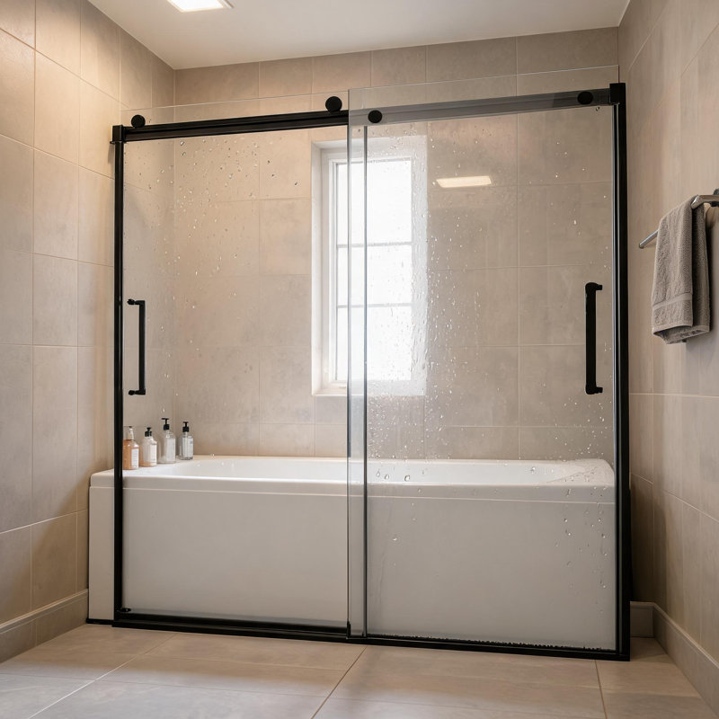 56 inch to 60 inch Black Frameless Sliding Bathtub Door with Tempered Glass