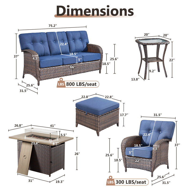 Agnes 5 Piece Outdoor Rattan Patio T-Back Cushions Conversation Furniture Set With Fire Pit Table, Blue