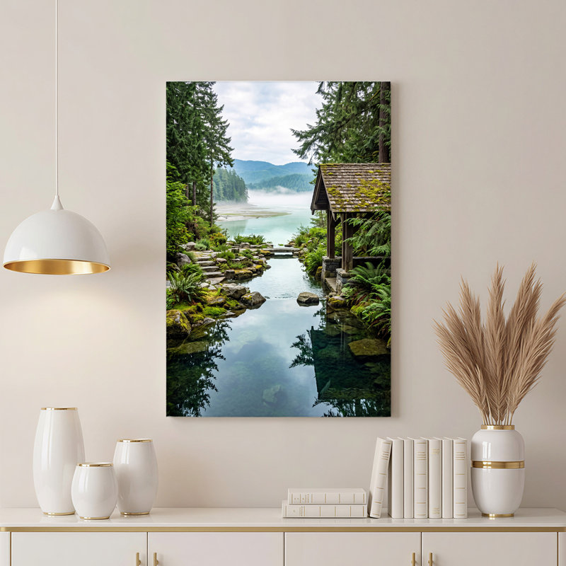 Art mural sur toile Misty Mountains Stream and Wooden Well, 48"H x 36"W