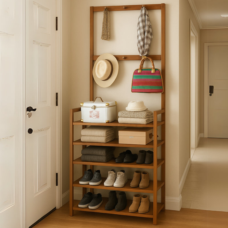 Solid Wooden Hall Tree Coat Stand Garment Hanger with Storage Shelves Shoe Organiser Hallway