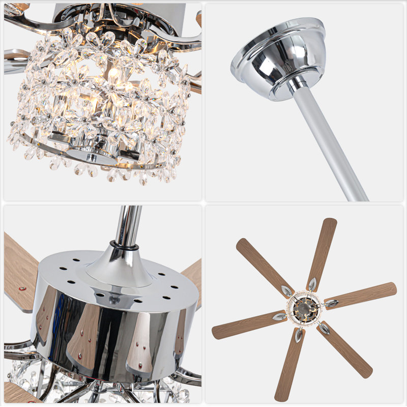 65 Inch Chrome Modern Luxury Crystal Ceiling Fan with Lights and Remote, 6 Speeds Reversible Large Ceiling Fan with Crystals