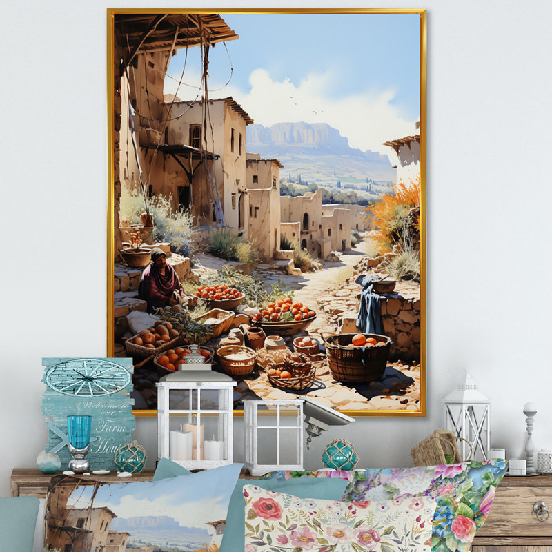 Tribu africaine, marché berbère II - reproduction sur toile, H 44 po x l 34 po x P 1,5 po, Toile avec cadre flottant or