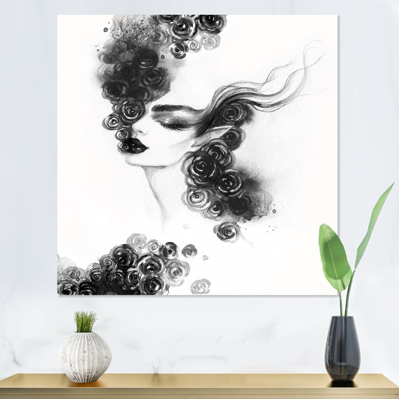 «Black and White Glam Woman Portrait II», reproduction d'art sur toile, H 16 po x l 16 po x P 1 po, Toile tendue