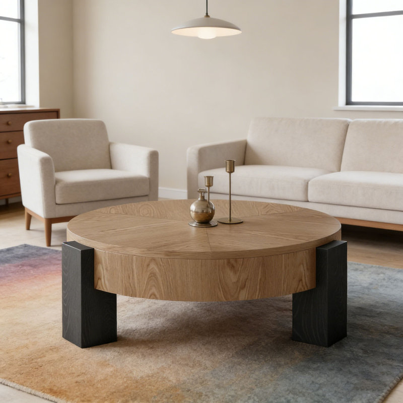 Table basse 33 po moderne avec rangement caché et 3 pieds carrés, Noir mat, bois naturel