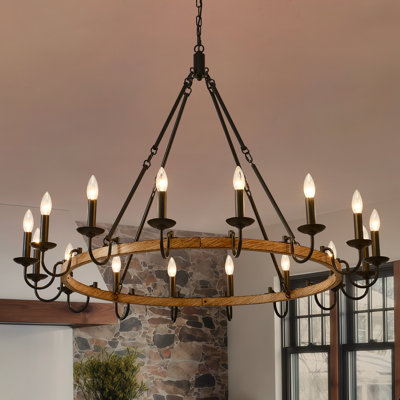16-Light Black Large Wagon Wheel Chandelier 47 Inch Rustic Farmhouse Round Chandeliers For High Ceiling Dining Room Living Room Entryway Hallway
