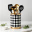Ensemble d'ustensiles à carreaux noir et blanc avec repose-cuillère doré, grand organisateur de cuisine en céramique pour comptoir, élégant décor de cuisine à carreaux