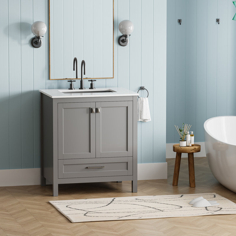 30" Freestanding Single Bathroom Vanity with Engineered Marble Top, Undermounted Ceramic Sink, Soft-Close Door, Solid Wood Drawer, 3 Colors Option