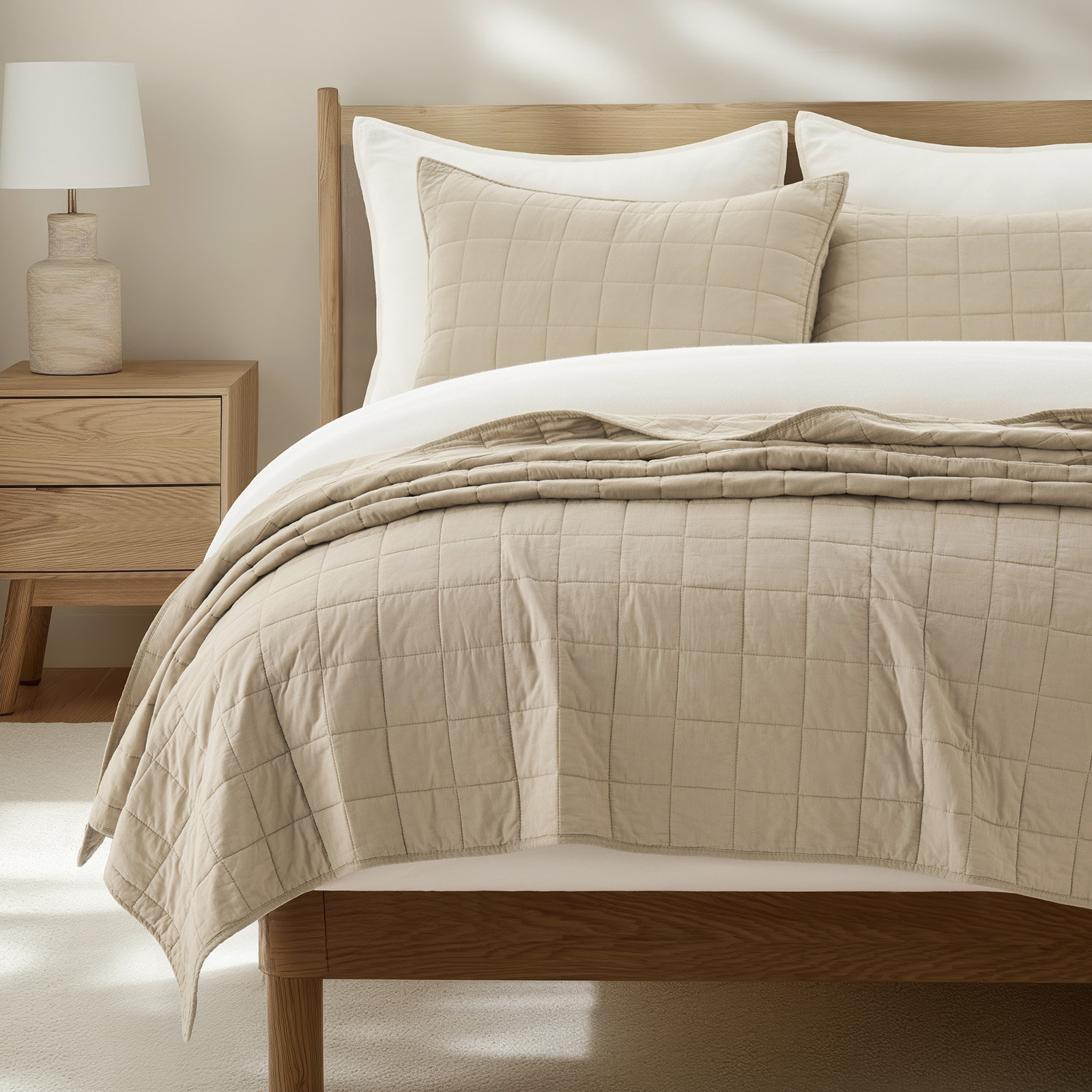 100% Cotton Box Stitch Quilt Set, Khaki Tan, King Quilt + 2 King Shams