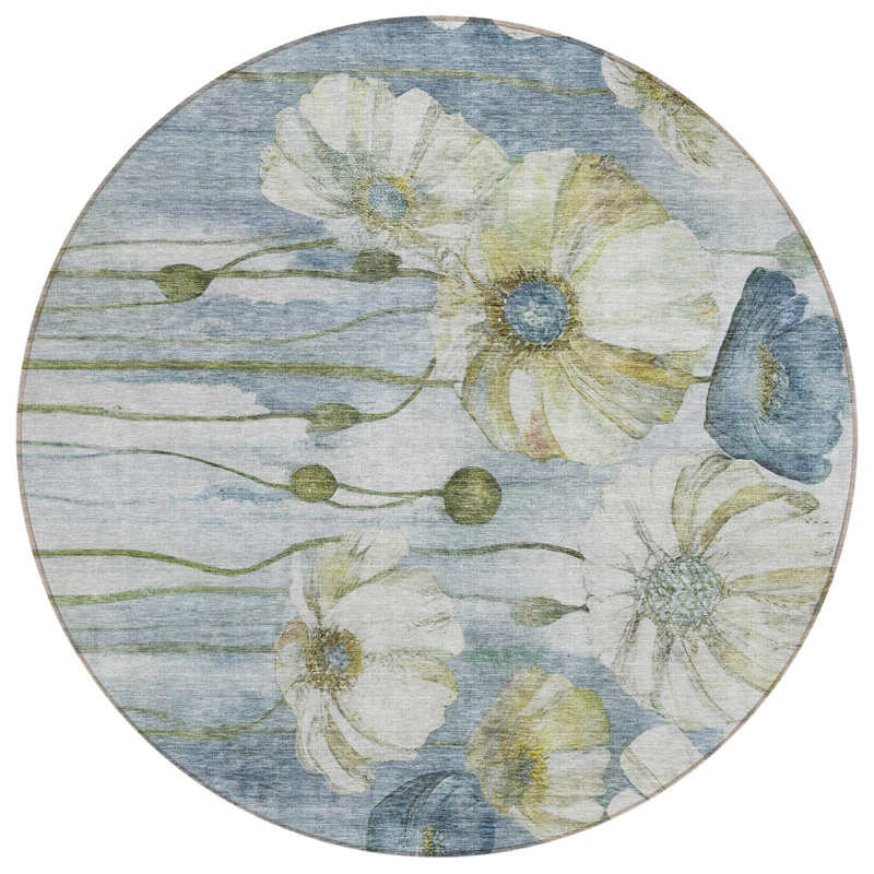 Tapis d'intérieur rond lavable floral bleu et bleu ciel 8 pi HomeRoots