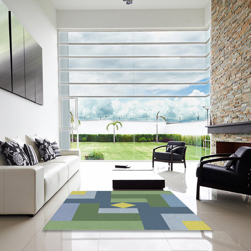 Tapis géométrique vert / bleu / gris, Carré 5 pi