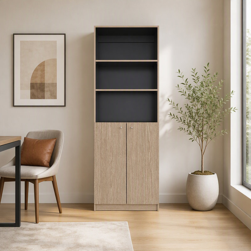Bibliothèque Beyerville avec rangement ouvert et 2 portes, coloris Carthagène et Wengé, idéale pour un rangement moderne et compact.
