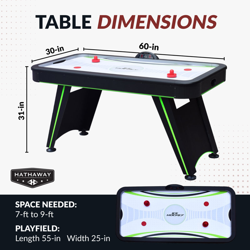 Table de hockey sur air Hathaway Voyager 1,5 m pour salle de jeux à domicile - avec affichage DEL des scores, souffleur haute performance, pieds renforcés, poussoirs et palets - Finition noire et vert fluo