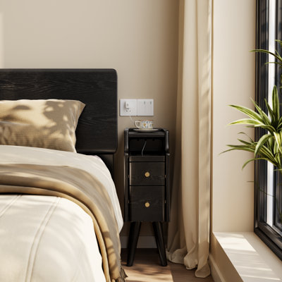 Narrow Solid Wood Nightstand with 2 Drawers