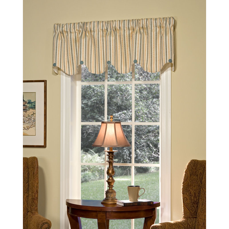 Peach Stripe Scalloped Erin Valance with Grey Buttons, Peach/Beige