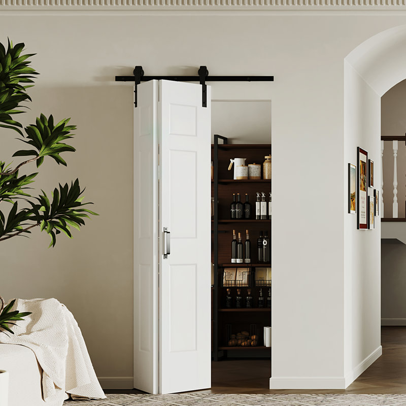 Porte de grange pliable en bois de fabrication moderne à 6 lumières avec quincaillerie, 36 po x 84 po