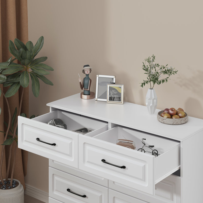  6 Drawer Dresser, White Dresser for Bedroom, Modern Nightstands Small Dressers with Drawers Closet Wood Dressers with Steel Handles, Mid Century Chest of Drawers for Living Room, Office