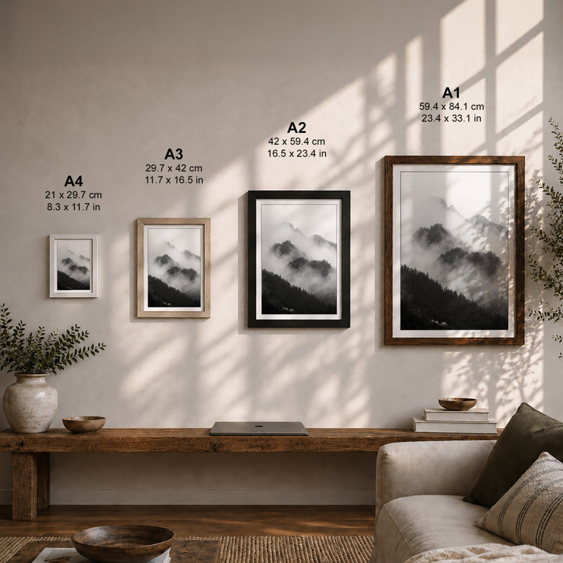 Mountains in Mist Scandinavian - Framed Print, A1 - 84.1 x 59.4 cm, Oak