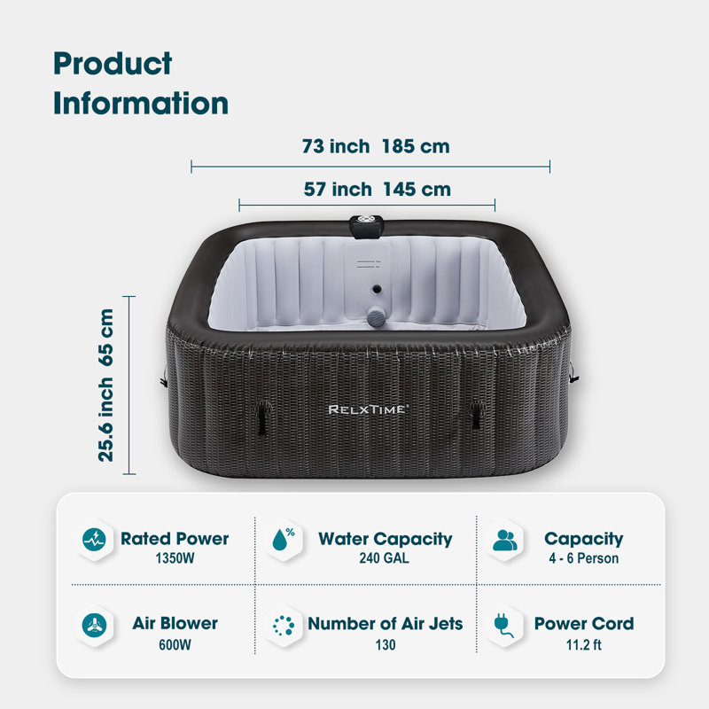 RELXTIME 6 Person 130 - Jet Polyvinyl Chloride (PVC) Square Inflatable Hot Tub